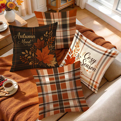 4pcs Autumn Buffalo Plaid Throw Pillow Covers, Maple Leaf & Pumpkin Decorative Pattern Without Inserts, Single-Sided Printed Pillow Covers, Suitable For Living Room, Bedroom, Home Decor, All-Season Pi