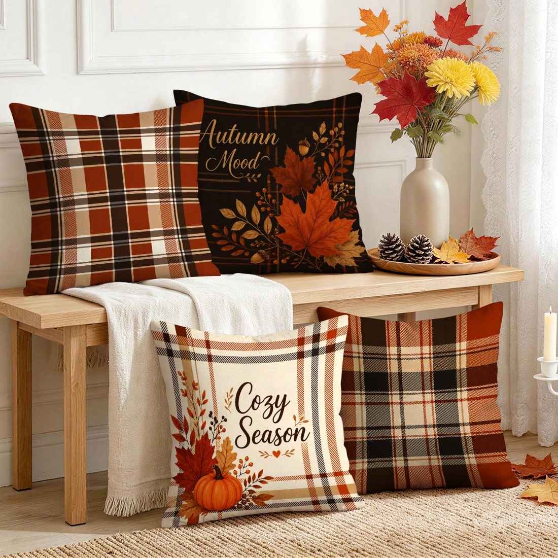 4pcs Autumn Buffalo Plaid Throw Pillow Covers, Maple Leaf & Pumpkin Decorative Pattern Without Inserts, Single-Sided Printed Pillow Covers, Suitable For Living Room, Bedroom, Home Decor, All-Season Pi