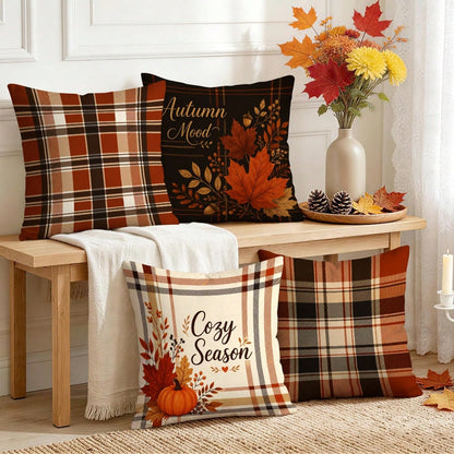 4pcs Autumn Buffalo Plaid Throw Pillow Covers, Maple Leaf & Pumpkin Decorative Pattern Without Inserts, Single-Sided Printed Pillow Covers, Suitable For Living Room, Bedroom, Home Decor, All-Season Pi