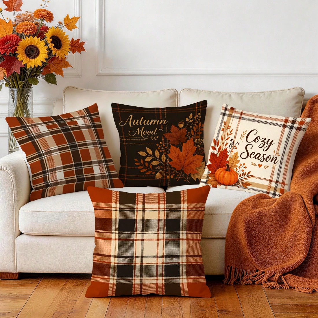 4pcs Autumn Buffalo Plaid Throw Pillow Covers, Maple Leaf & Pumpkin Decorative Pattern Without Inserts, Single-Sided Printed Pillow Covers, Suitable For Living Room, Bedroom, Home Decor, All-Season Pi