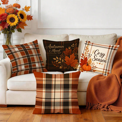 4pcs Autumn Buffalo Plaid Throw Pillow Covers, Maple Leaf & Pumpkin Decorative Pattern Without Inserts, Single-Sided Printed Pillow Covers, Suitable For Living Room, Bedroom, Home Decor, All-Season Pi
