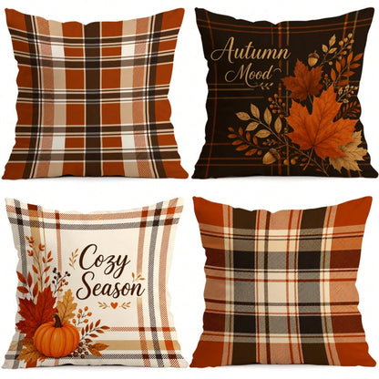 4pcs Autumn Buffalo Plaid Throw Pillow Covers, Maple Leaf & Pumpkin Decorative Pattern Without Inserts, Single-Sided Printed Pillow Covers, Suitable For Living Room, Bedroom, Home Decor, All-Season Pi