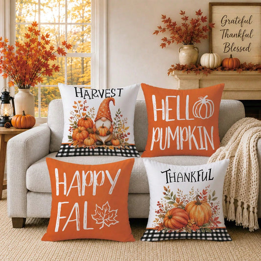 4pcs Autumn Gnome Plant Pumpkin Cushion Covers, Single-Sided Printed Skin-Friendly Peach Skin Velvet Material, 45*45CM Pillowcases Suitable For Home Bedroom Living Room Room Party Holiday Decoration