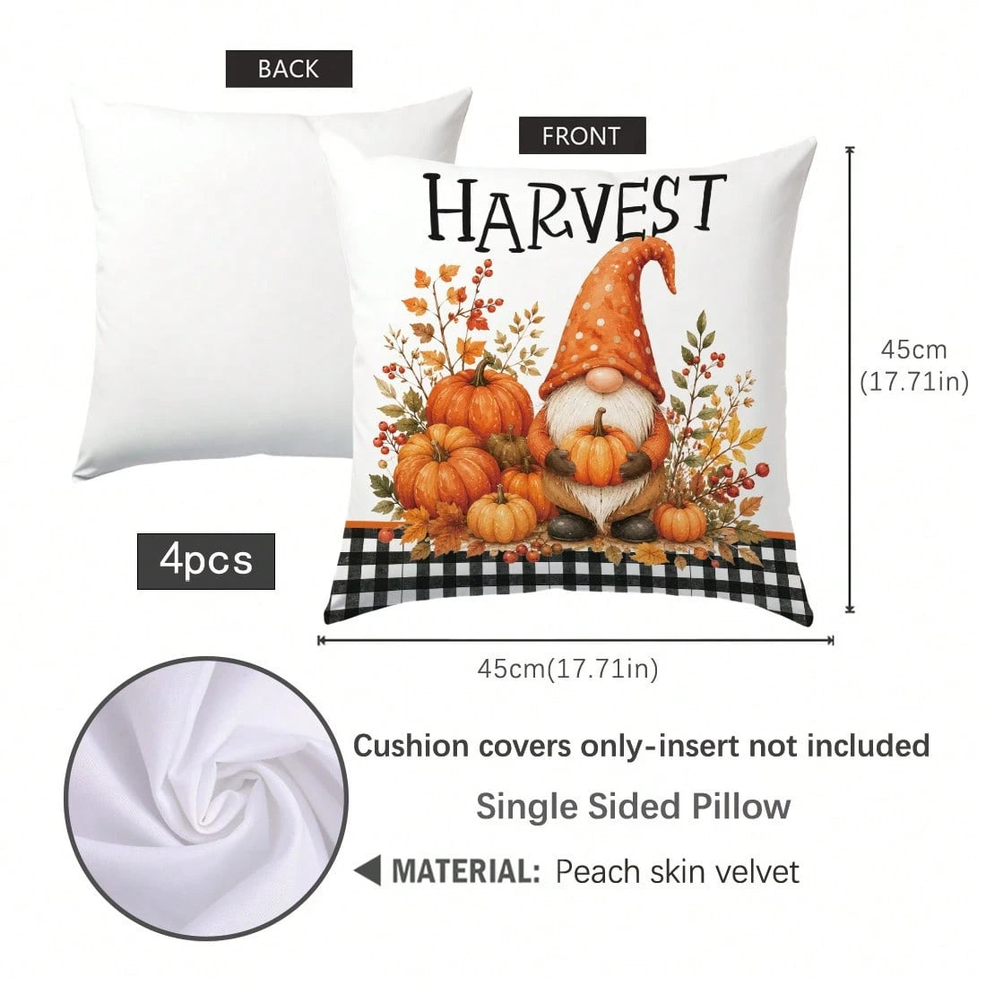 4pcs Autumn Gnome Plant Pumpkin Cushion Covers, Single-Sided Printed Skin-Friendly Peach Skin Velvet Material, 45*45CM Pillowcases Suitable For Home Bedroom Living Room Room Party Holiday Decoration