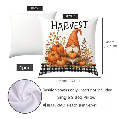 4pcs Autumn Gnome Plant Pumpkin Cushion Covers, Single-Sided Printed Skin-Friendly Peach Skin Velvet Material, 45*45CM Pillowcases Suitable For Home Bedroom Living Room Room Party Holiday Decoration