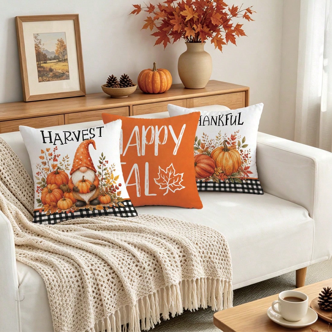 4pcs Autumn Gnome Plant Pumpkin Cushion Covers, Single-Sided Printed Skin-Friendly Peach Skin Velvet Material, 45*45CM Pillowcases Suitable For Home Bedroom Living Room Room Party Holiday Decoration
