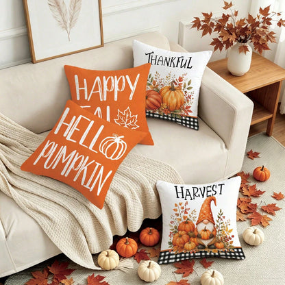 4pcs Autumn Gnome Plant Pumpkin Cushion Covers, Single-Sided Printed Skin-Friendly Peach Skin Velvet Material, 45*45CM Pillowcases Suitable For Home Bedroom Living Room Room Party Holiday Decoration