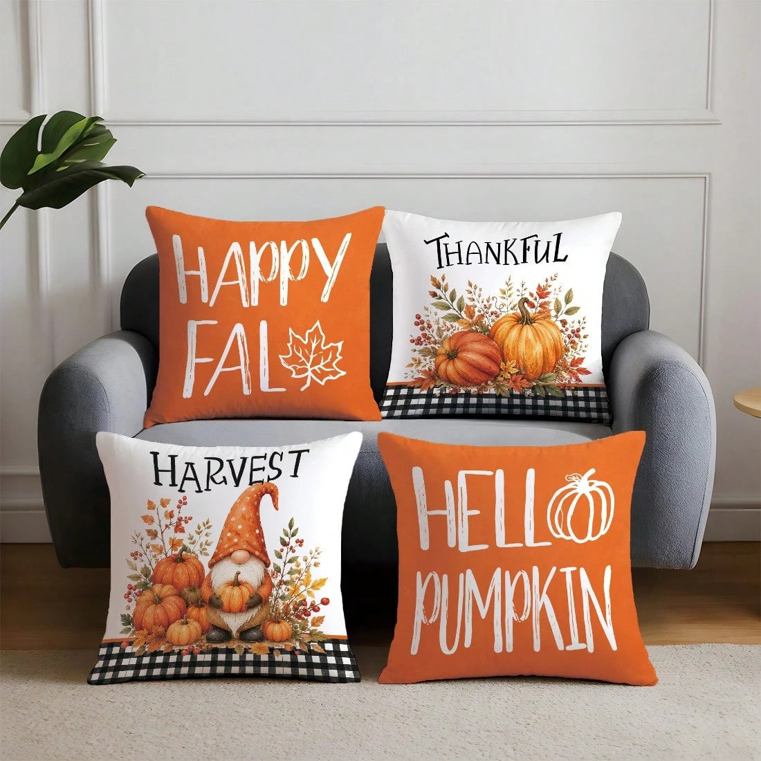 4pcs Autumn Gnome Plant Pumpkin Cushion Covers, Single-Sided Printed Skin-Friendly Peach Skin Velvet Material, 45*45CM Pillowcases Suitable For Home Bedroom Living Room Room Party Holiday Decoration