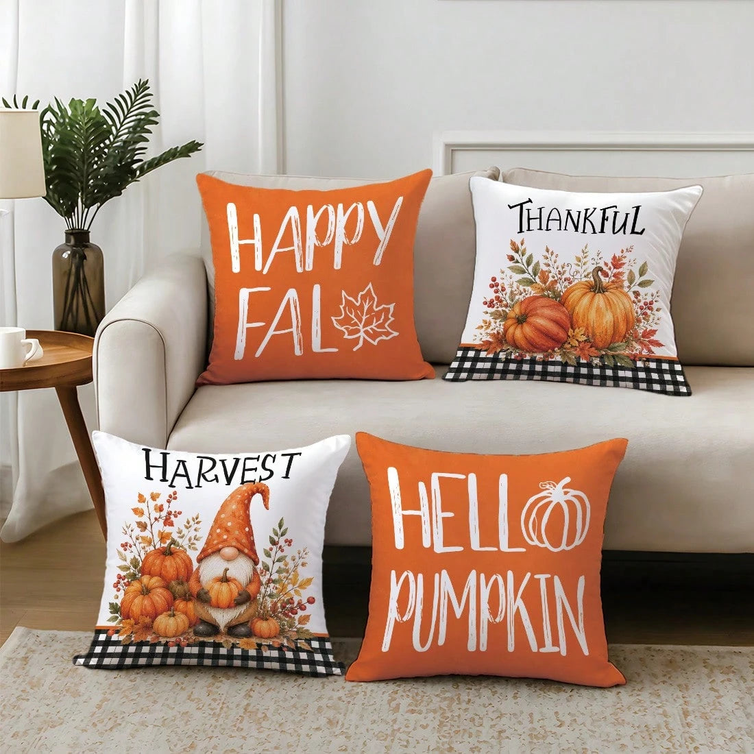 4pcs Autumn Gnome Plant Pumpkin Cushion Covers, Single-Sided Printed Skin-Friendly Peach Skin Velvet Material, 45*45CM Pillowcases Suitable For Home Bedroom Living Room Room Party Holiday Decoration