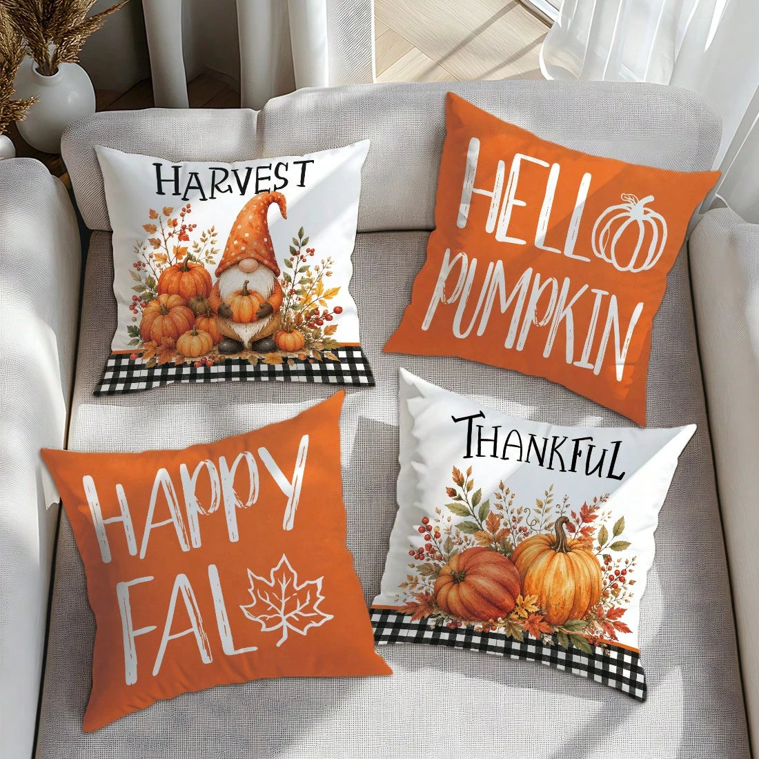 4pcs Autumn Gnome Plant Pumpkin Cushion Covers, Single-Sided Printed Skin-Friendly Peach Skin Velvet Material, 45*45CM Pillowcases Suitable For Home Bedroom Living Room Room Party Holiday Decoration