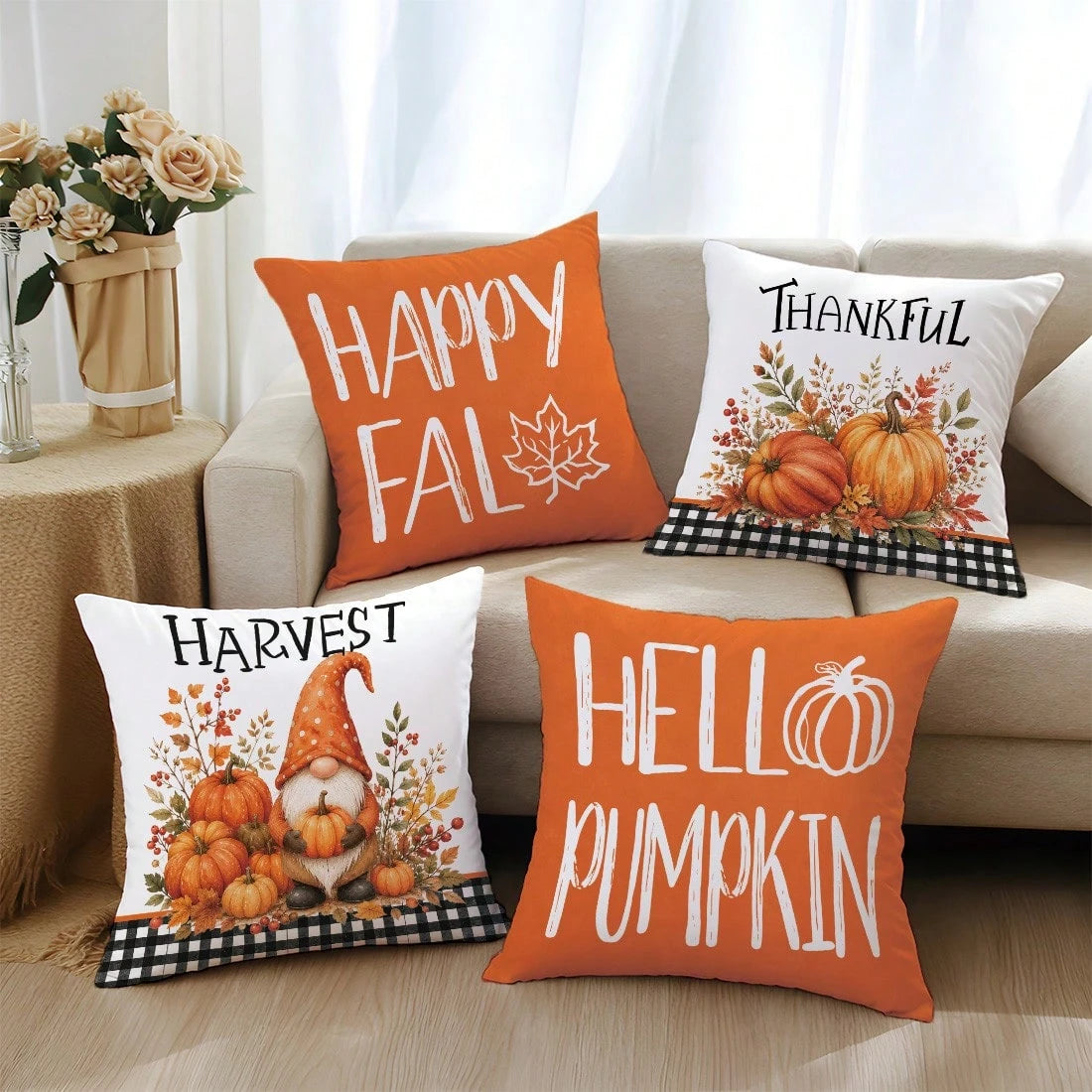 4pcs Autumn Gnome Plant Pumpkin Cushion Covers, Single-Sided Printed Skin-Friendly Peach Skin Velvet Material, 45*45CM Pillowcases Suitable For Home Bedroom Living Room Room Party Holiday Decoration
