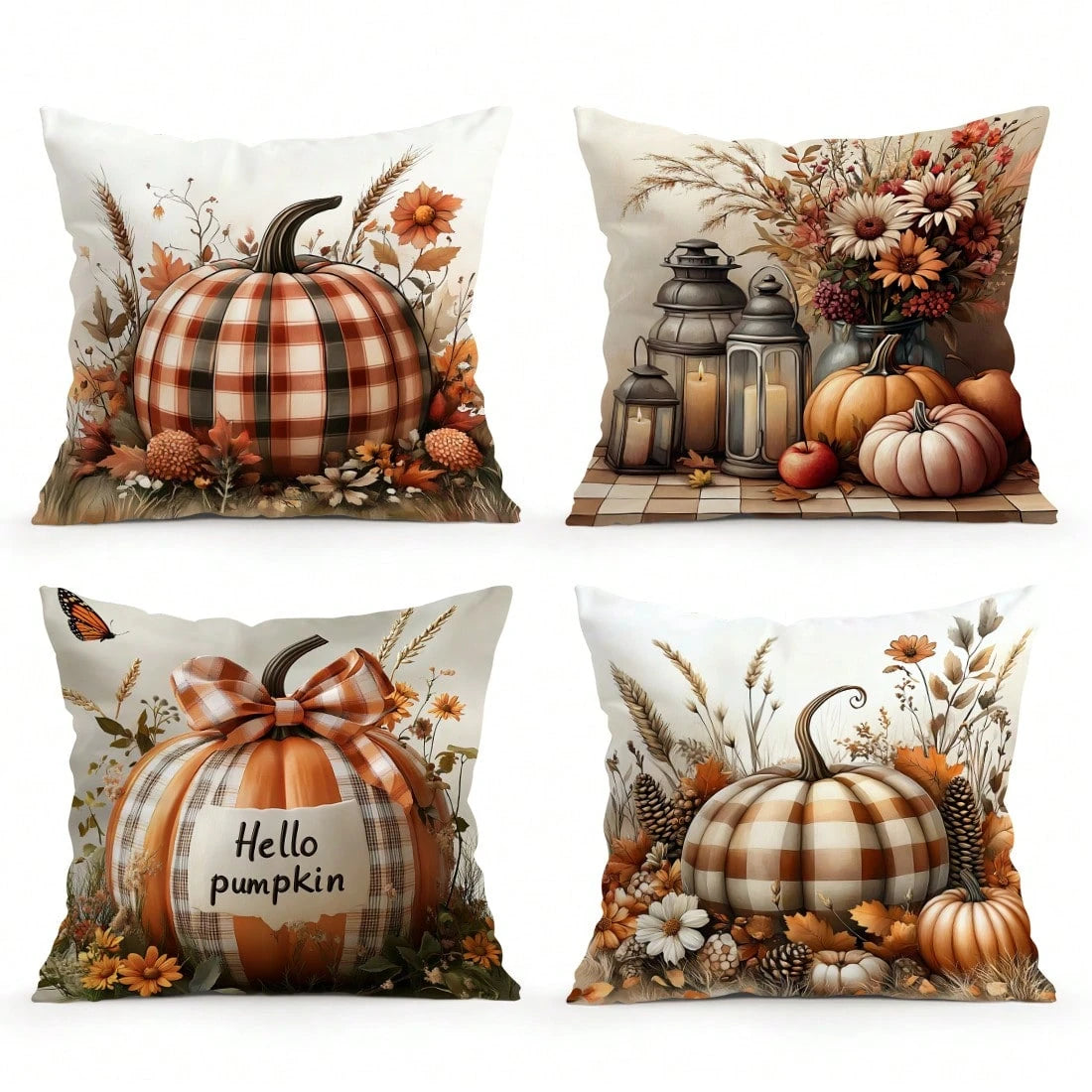 4pcs Autumn Plaid Pumpkin Pattern Pillow Covers Without Inserts, Single-Sided Printed Pillow Covers, Suitable For Living Room Bedroom Home Decor, All Season Pillow Covers