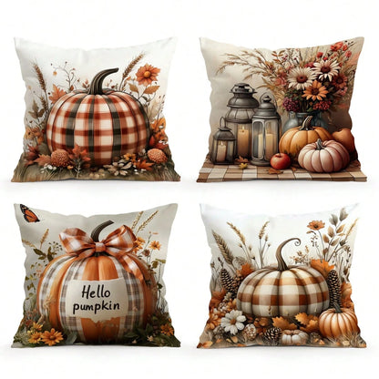 4pcs Autumn Plaid Pumpkin Pattern Pillow Covers Without Inserts, Single-Sided Printed Pillow Covers, Suitable For Living Room Bedroom Home Decor, All Season Pillow Covers