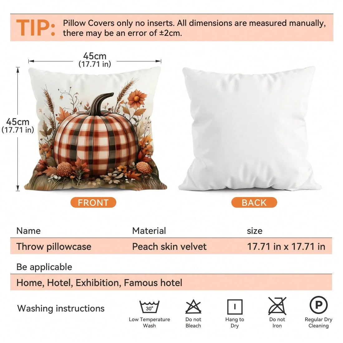 4pcs Autumn Plaid Pumpkin Pattern Pillow Covers Without Inserts, Single-Sided Printed Pillow Covers, Suitable For Living Room Bedroom Home Decor, All Season Pillow Covers