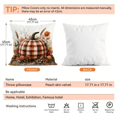 4pcs Autumn Plaid Pumpkin Pattern Pillow Covers Without Inserts, Single-Sided Printed Pillow Covers, Suitable For Living Room Bedroom Home Decor, All Season Pillow Covers
