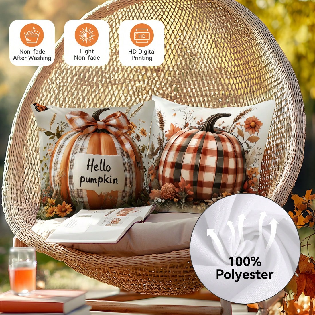 4pcs Autumn Plaid Pumpkin Pattern Pillow Covers Without Inserts, Single-Sided Printed Pillow Covers, Suitable For Living Room Bedroom Home Decor, All Season Pillow Covers