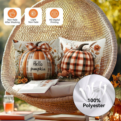 4pcs Autumn Plaid Pumpkin Pattern Pillow Covers Without Inserts, Single-Sided Printed Pillow Covers, Suitable For Living Room Bedroom Home Decor, All Season Pillow Covers