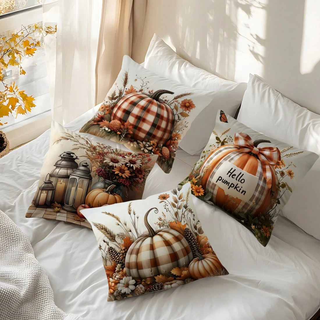 4pcs Autumn Plaid Pumpkin Pattern Pillow Covers Without Inserts, Single-Sided Printed Pillow Covers, Suitable For Living Room Bedroom Home Decor, All Season Pillow Covers