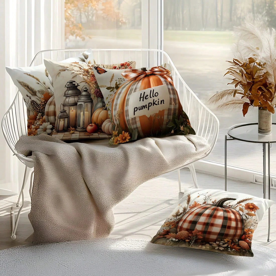 4pcs Autumn Plaid Pumpkin Pattern Pillow Covers Without Inserts, Single-Sided Printed Pillow Covers, Suitable For Living Room Bedroom Home Decor, All Season Pillow Covers