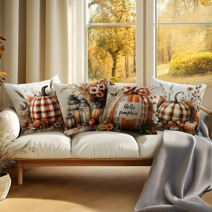4pcs Autumn Plaid Pumpkin Pattern Pillow Covers Without Inserts, Single-Sided Printed Pillow Covers, Suitable For Living Room Bedroom Home Decor, All Season Pillow Covers
