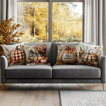 4pcs Autumn Plaid Pumpkin Pattern Pillow Covers Without Inserts, Single-Sided Printed Pillow Covers, Suitable For Living Room Bedroom Home Decor, All Season Pillow Covers