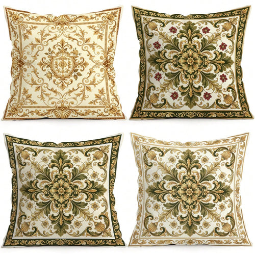 4pcs Baroque Palace Style Floral Pattern Pillow Covers, Single-Sided Printed Pillow Covers, Suitable For Living Room, Bedroom, Home Decor, All Season Pillow Covers