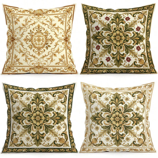 4pcs Baroque Palace Style Floral Pattern Pillow Covers, Single-Sided Printed Pillow Covers, Suitable For Living Room, Bedroom, Home Decor, All Season Pillow Covers