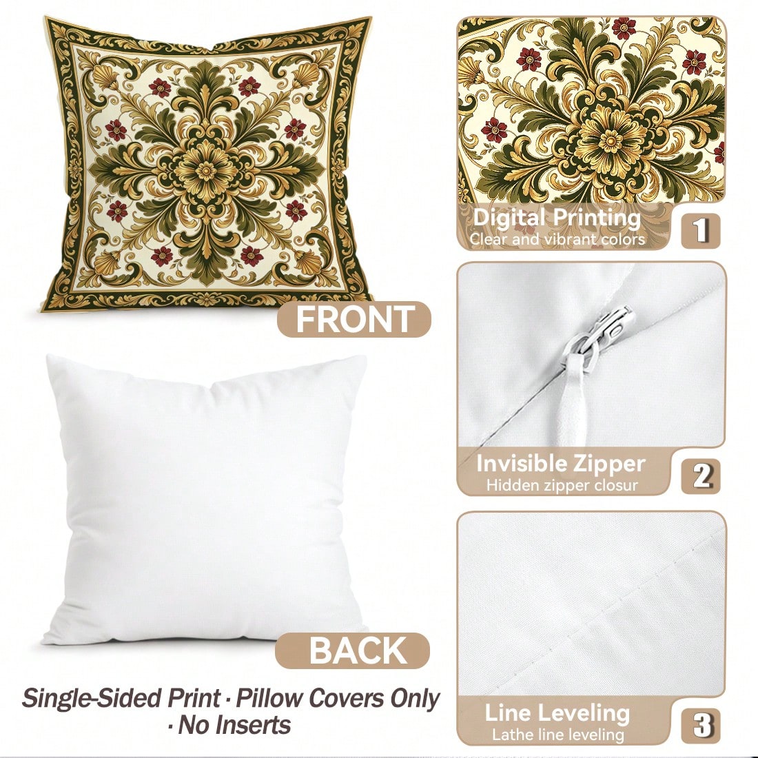 4pcs Baroque Palace Style Floral Pattern Pillow Covers, Single-Sided Printed Pillow Covers, Suitable For Living Room, Bedroom, Home Decor, All Season Pillow Covers