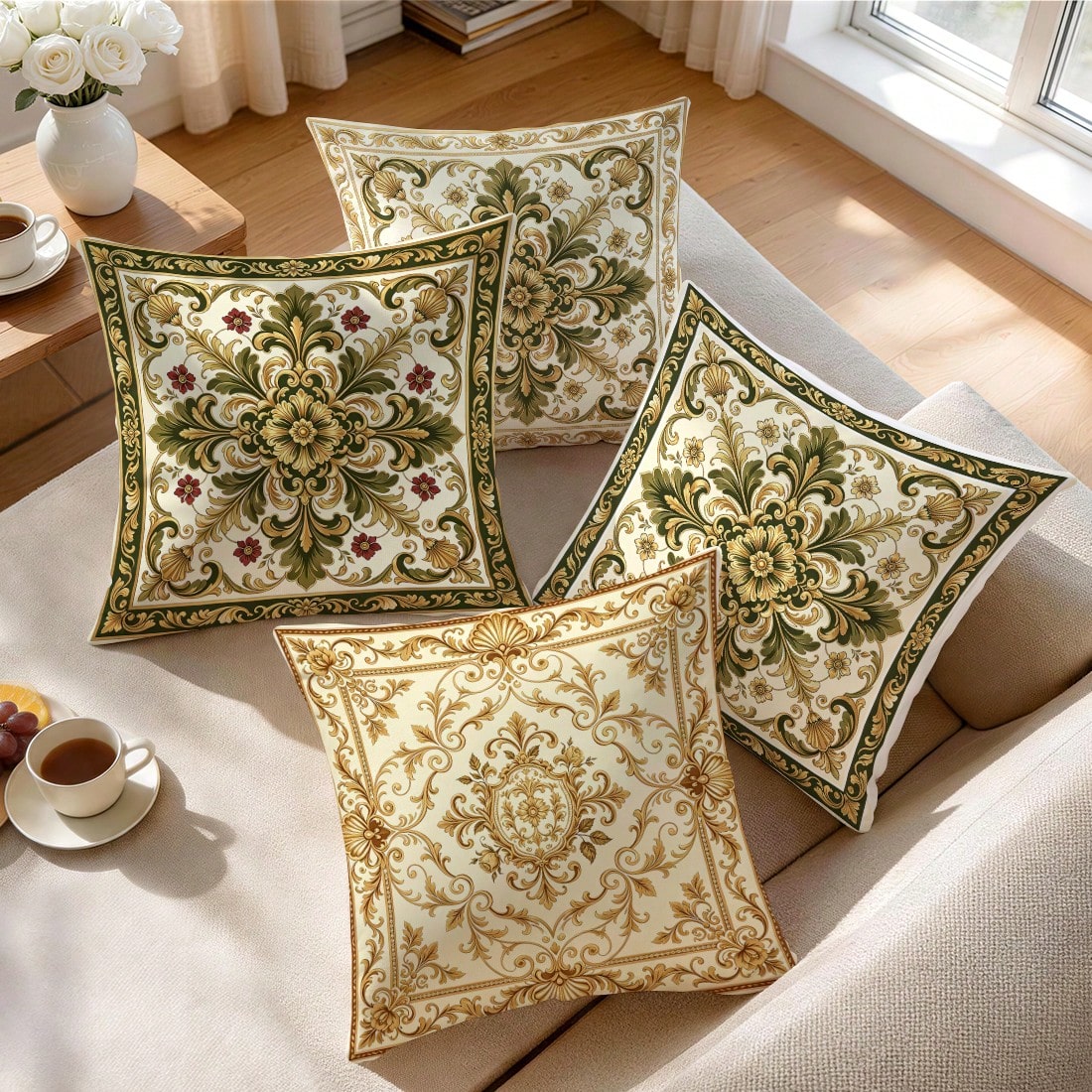 4pcs Baroque Palace Style Floral Pattern Pillow Covers, Single-Sided Printed Pillow Covers, Suitable For Living Room, Bedroom, Home Decor, All Season Pillow Covers