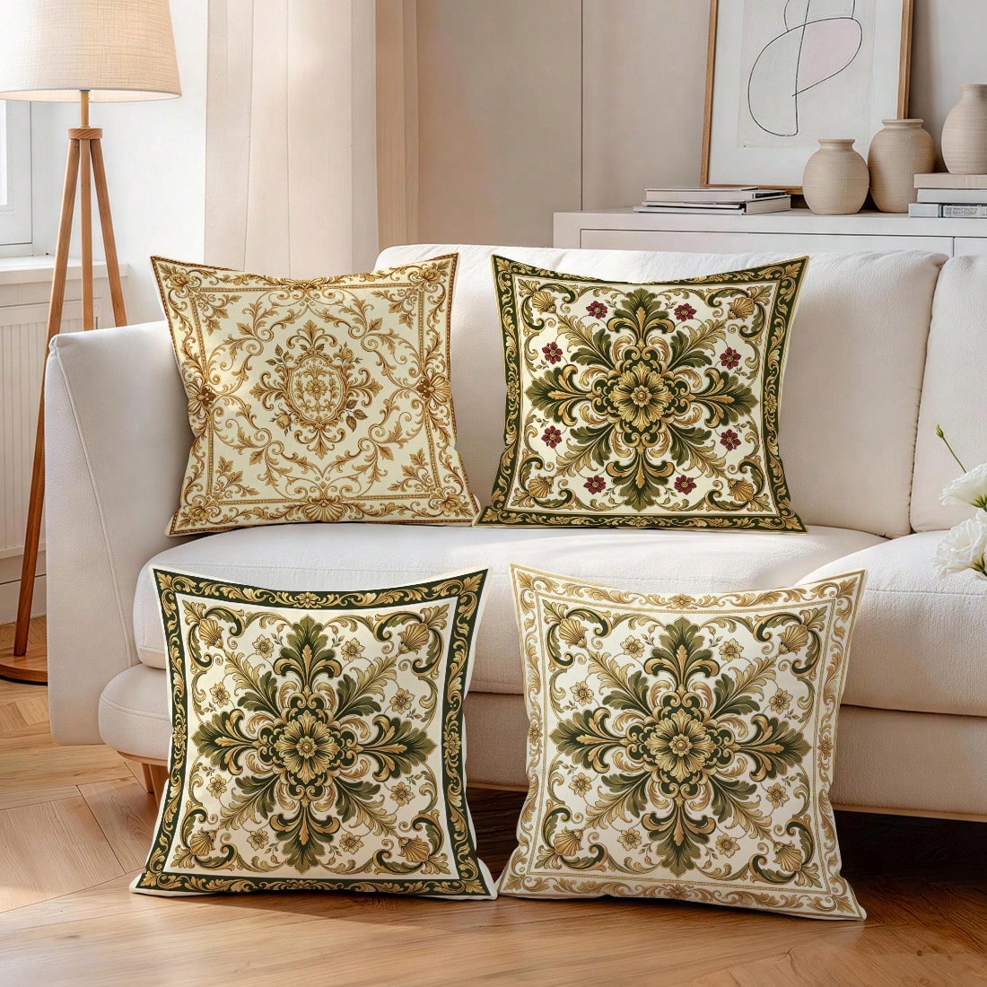 4pcs Baroque Palace Style Floral Pattern Pillow Covers, Single-Sided Printed Pillow Covers, Suitable For Living Room, Bedroom, Home Decor, All Season Pillow Covers