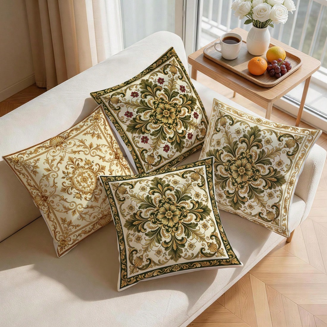 4pcs Baroque Palace Style Floral Pattern Pillow Covers, Single-Sided Printed Pillow Covers, Suitable For Living Room, Bedroom, Home Decor, All Season Pillow Covers
