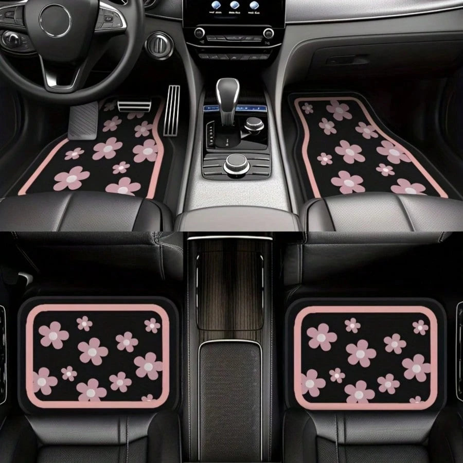 4pcs Car Floor Mats, Cute Pink Floral Design, Durable Polyester Material, Easy To Clean, Front And Rear Mats, For Full Car Interior Protection, Automotive Interior Accessories,Car Women Accessories,Ca