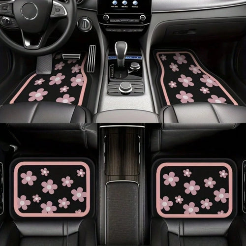 4pcs Car Floor Mats, Cute Pink Floral Design, Durable Polyester Material, Easy To Clean, Front And Rear Mats, For Full Car Interior Protection, Automotive Interior Accessories,Car Women Accessories,Ca