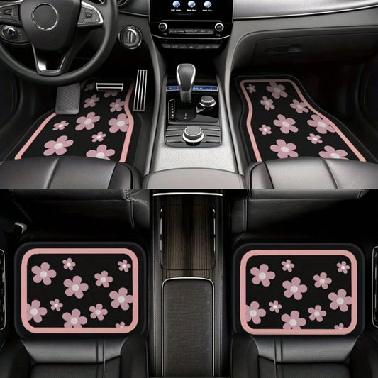 4pcs Car Floor Mats, Cute Pink Floral Design, Durable Polyester Material, Easy To Clean, Front And Rear Mats, For Full Car Interior Protection, Automotive Interior Accessories,Car Women Accessories,Ca