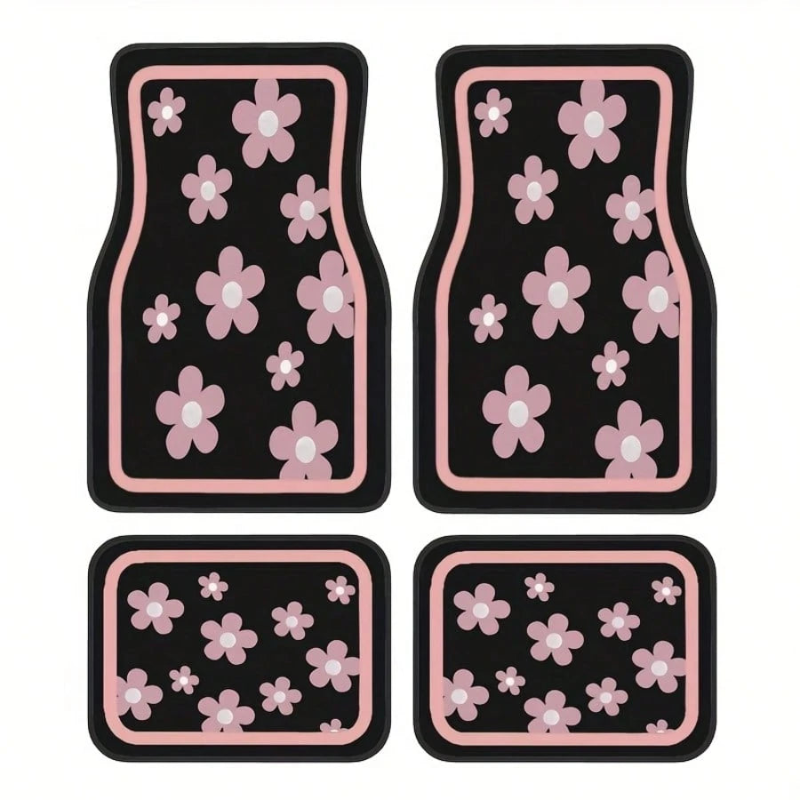 4pcs Car Floor Mats, Cute Pink Floral Design, Durable Polyester Material, Easy To Clean, Front And Rear Mats, For Full Car Interior Protection, Automotive Interior Accessories,Car Women Accessories,Ca