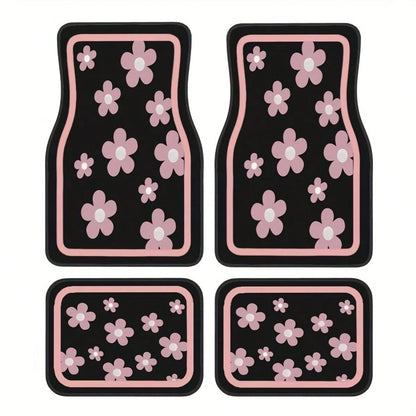 4pcs Car Floor Mats, Cute Pink Floral Design, Durable Polyester Material, Easy To Clean, Front And Rear Mats, For Full Car Interior Protection, Automotive Interior Accessories,Car Women Accessories,Ca