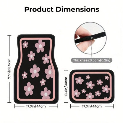 4pcs Car Floor Mats, Cute Pink Floral Design, Durable Polyester Material, Easy To Clean, Front And Rear Mats, For Full Car Interior Protection, Automotive Interior Accessories,Car Women Accessories,Ca