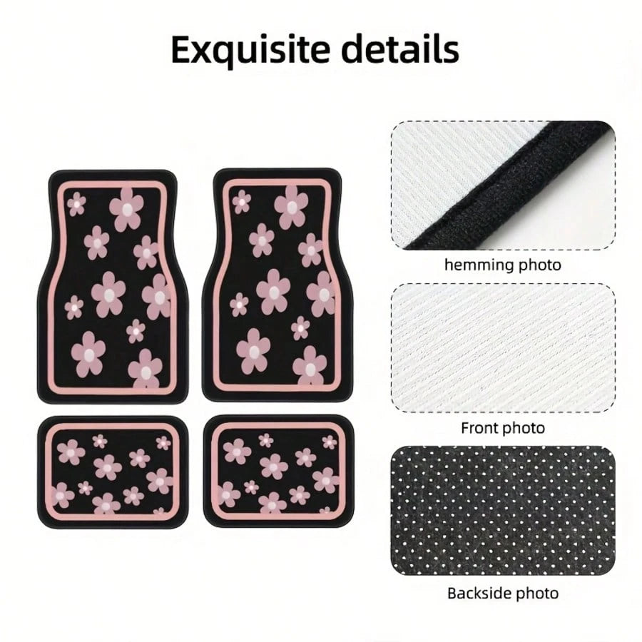 4pcs Car Floor Mats, Cute Pink Floral Design, Durable Polyester Material, Easy To Clean, Front And Rear Mats, For Full Car Interior Protection, Automotive Interior Accessories,Car Women Accessories,Ca