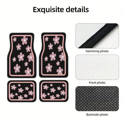 4pcs Car Floor Mats, Cute Pink Floral Design, Durable Polyester Material, Easy To Clean, Front And Rear Mats, For Full Car Interior Protection, Automotive Interior Accessories,Car Women Accessories,Ca