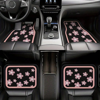 4pcs Car Floor Mats, Cute Pink Floral Design, Durable Polyester Material, Easy To Clean, Front And Rear Mats, For Full Car Interior Protection, Automotive Interior Accessories,Car Women Accessories,Ca