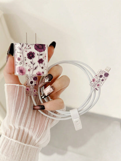 4pcs Floral Pattern TPU Charger Protector Case, Compatible With IPhone 13/14/15, Fits 18W/20W Adapter- Includes Cable And Tip Cover, Ideal Gift