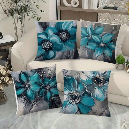 4PCS Flower Spring & Summer Floral Print Throw Pillow Covers- 17.7*17.7Inch 2D Flat Cushion Cover, Zipper Closure, Machine Washable, Suitable For Living Room, Bedroom, Sofa, Patio, Outdoor Decor(No