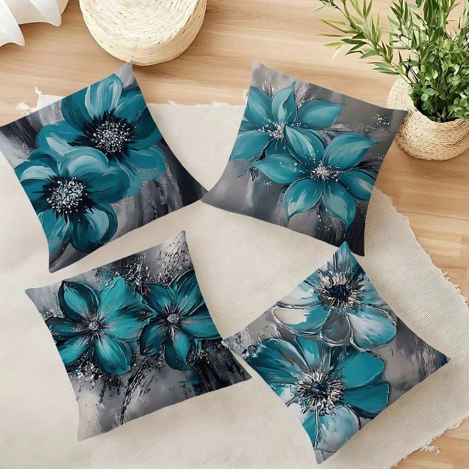 4PCS Flower Spring & Summer Floral Print Throw Pillow Covers- 17.7*17.7Inch 2D Flat Cushion Cover, Zipper Closure, Machine Washable, Suitable For Living Room, Bedroom, Sofa, Patio, Outdoor Decor(No