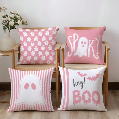 4pcs Halloween Cartoon Pink Ghost Pillow Covers, Single-Sided Print Skin-Friendly Peach Skin Velvet Material, 45*45CM Cushion Covers Suitable For Home Bedroom Living Room Room Party Holiday Decoration