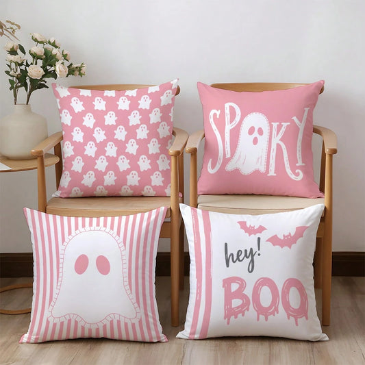 4pcs Halloween Cartoon Pink Ghost Pillow Covers, Single-Sided Print Skin-Friendly Peach Skin Velvet Material, 45*45CM Cushion Covers Suitable For Home Bedroom Living Room Room Party Holiday Decoration