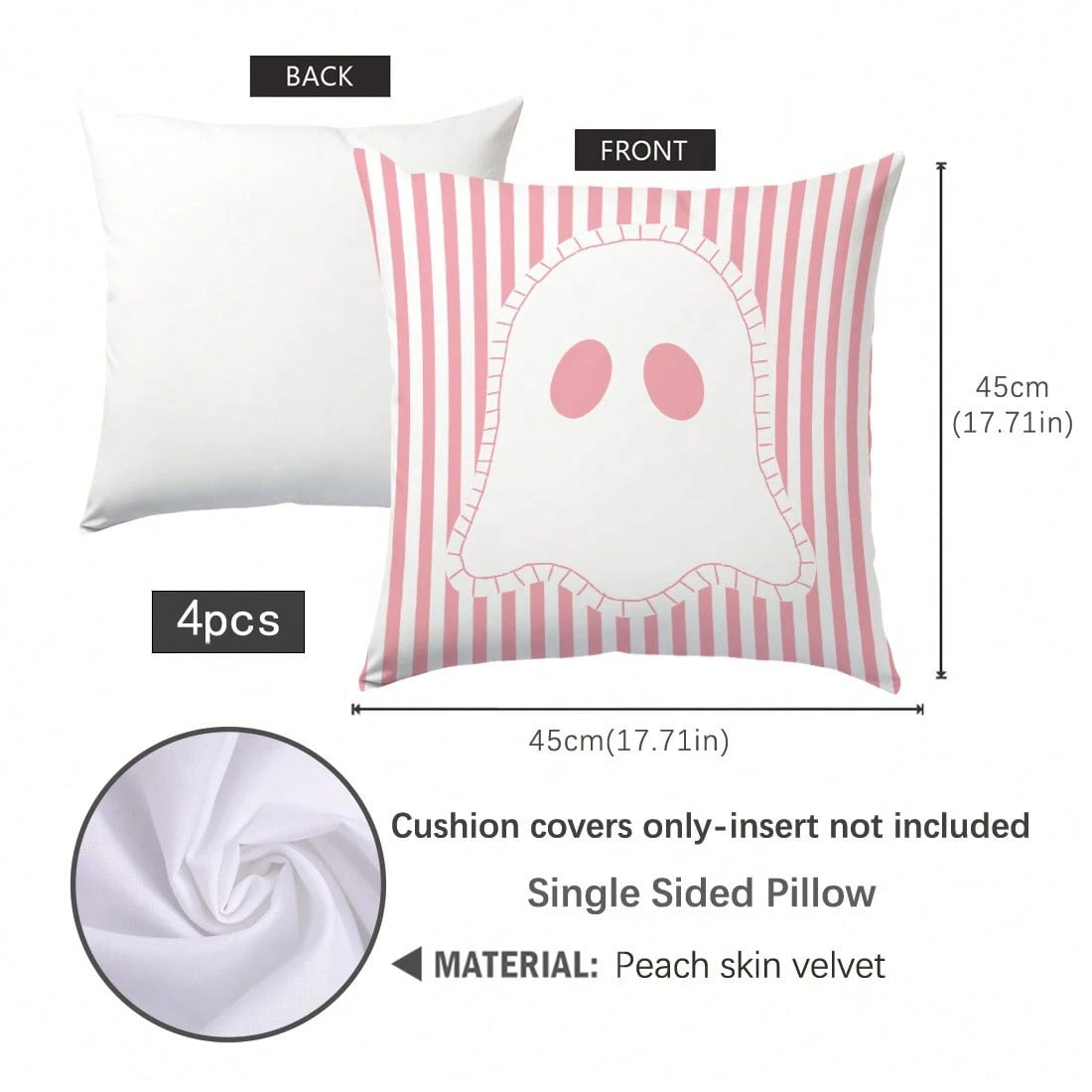 4pcs Halloween Cartoon Pink Ghost Pillow Covers, Single-Sided Print Skin-Friendly Peach Skin Velvet Material, 45*45CM Cushion Covers Suitable For Home Bedroom Living Room Room Party Holiday Decoration