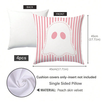 4pcs Halloween Cartoon Pink Ghost Pillow Covers, Single-Sided Print Skin-Friendly Peach Skin Velvet Material, 45*45CM Cushion Covers Suitable For Home Bedroom Living Room Room Party Holiday Decoration
