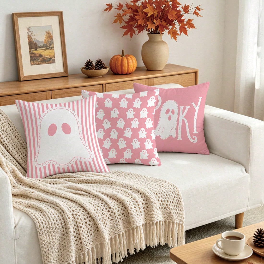 4pcs Halloween Cartoon Pink Ghost Pillow Covers, Single-Sided Print Skin-Friendly Peach Skin Velvet Material, 45*45CM Cushion Covers Suitable For Home Bedroom Living Room Room Party Holiday Decoration