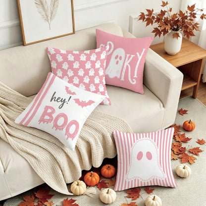 4pcs Halloween Cartoon Pink Ghost Pillow Covers, Single-Sided Print Skin-Friendly Peach Skin Velvet Material, 45*45CM Cushion Covers Suitable For Home Bedroom Living Room Room Party Holiday Decoration