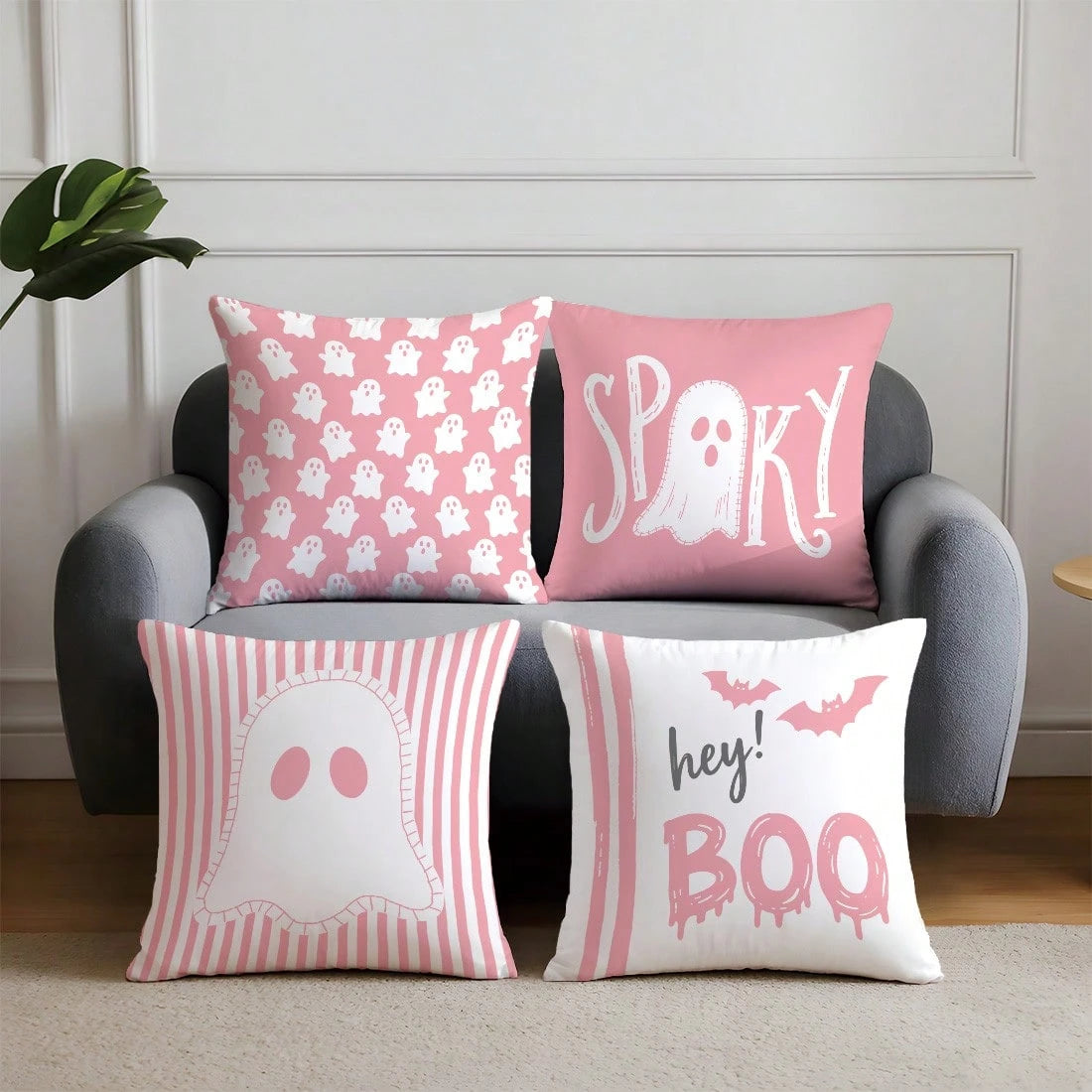 4pcs Halloween Cartoon Pink Ghost Pillow Covers, Single-Sided Print Skin-Friendly Peach Skin Velvet Material, 45*45CM Cushion Covers Suitable For Home Bedroom Living Room Room Party Holiday Decoration